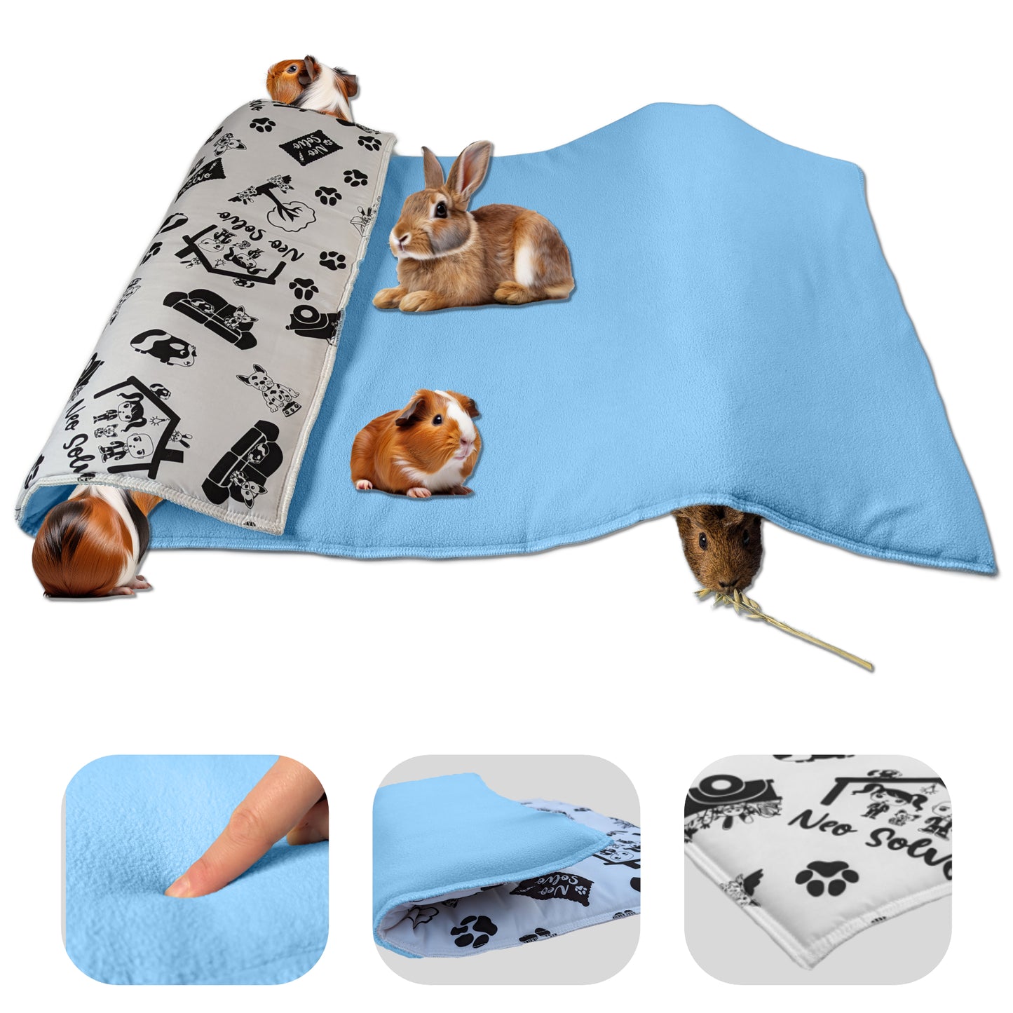 Fleece Guinea Pig and Rabbit Play Mat - All in One, it's a Blanket, a Giant Tunnel, a House, a Cushion and a Bed - Comfortable - Available in 3 Colors and 6 Sizes