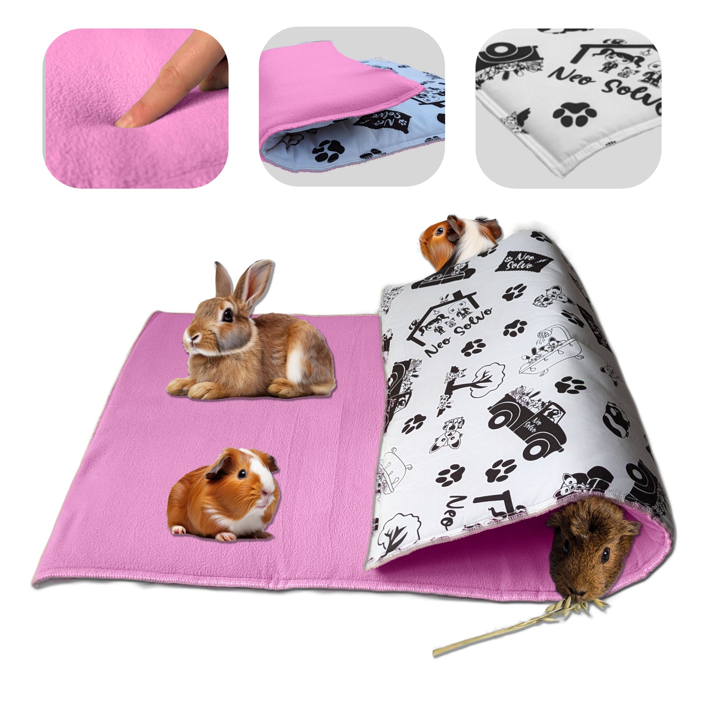 Fleece Guinea Pig and Rabbit Play Mat - All in One, it's a Blanket, a Giant Tunnel, a House, a Cushion and a Bed - Comfortable - Available in 3 Colors and 6 Sizes