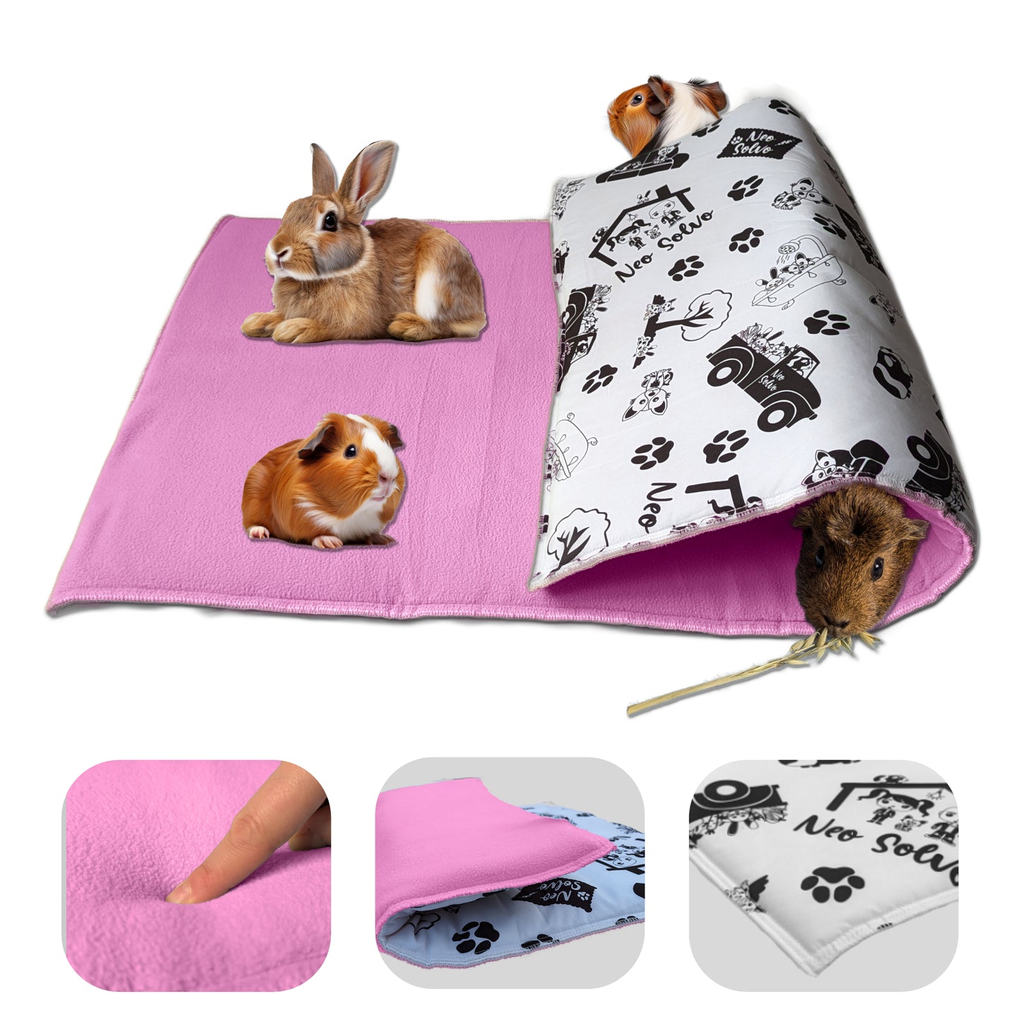 Fleece Guinea Pig and Rabbit Play Mat - All in One, it's a Blanket, a Giant Tunnel, a House, a Cushion and a Bed - Comfortable - Available in 3 Colors and 6 Sizes