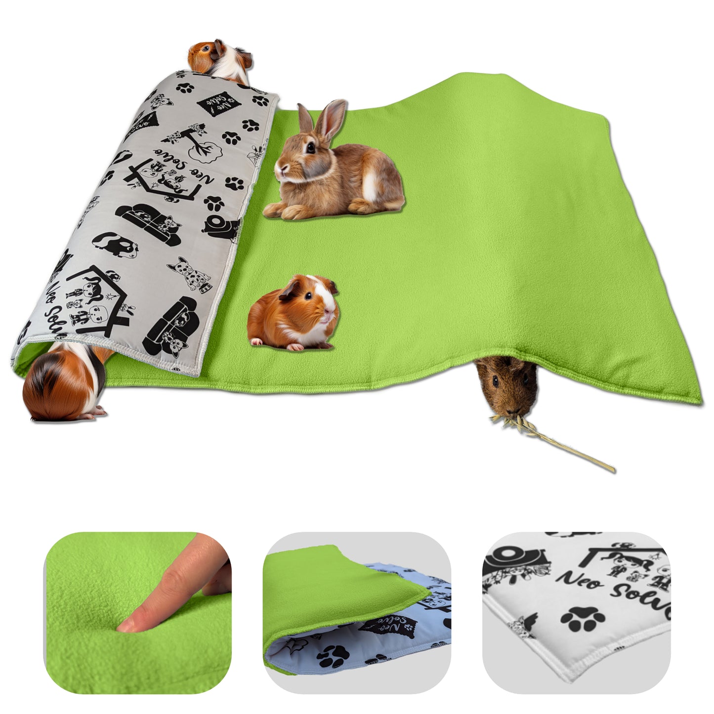 Fleece Guinea Pig and Rabbit Play Mat - All in One, it's a Blanket, a Giant Tunnel, a House, a Cushion and a Bed - Comfortable - Available in 3 Colors and 6 Sizes