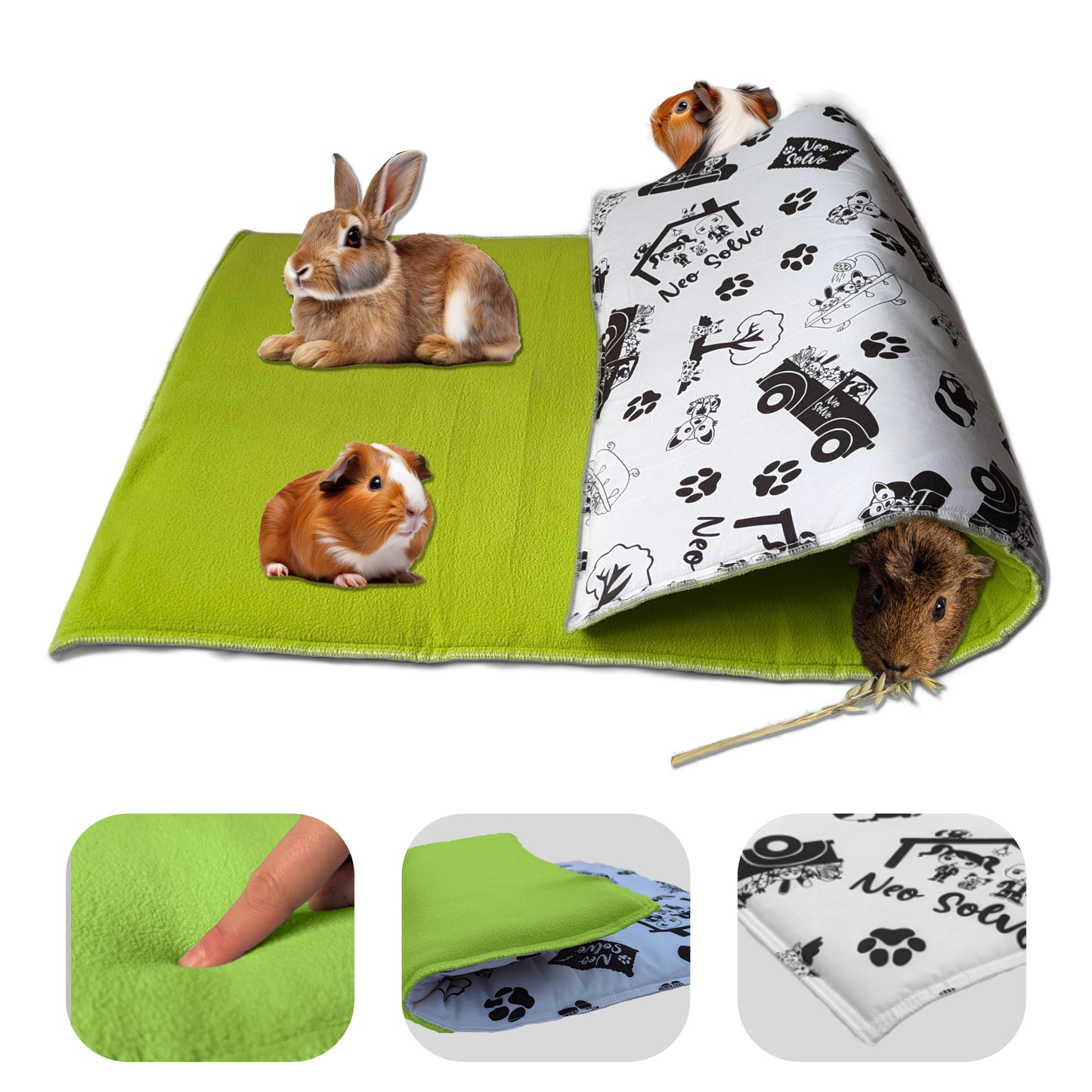 Fleece Guinea Pig and Rabbit Play Mat - All in One, it's a Blanket, a Giant Tunnel, a House, a Cushion and a Bed - Comfortable - Available in 3 Colors and 6 Sizes